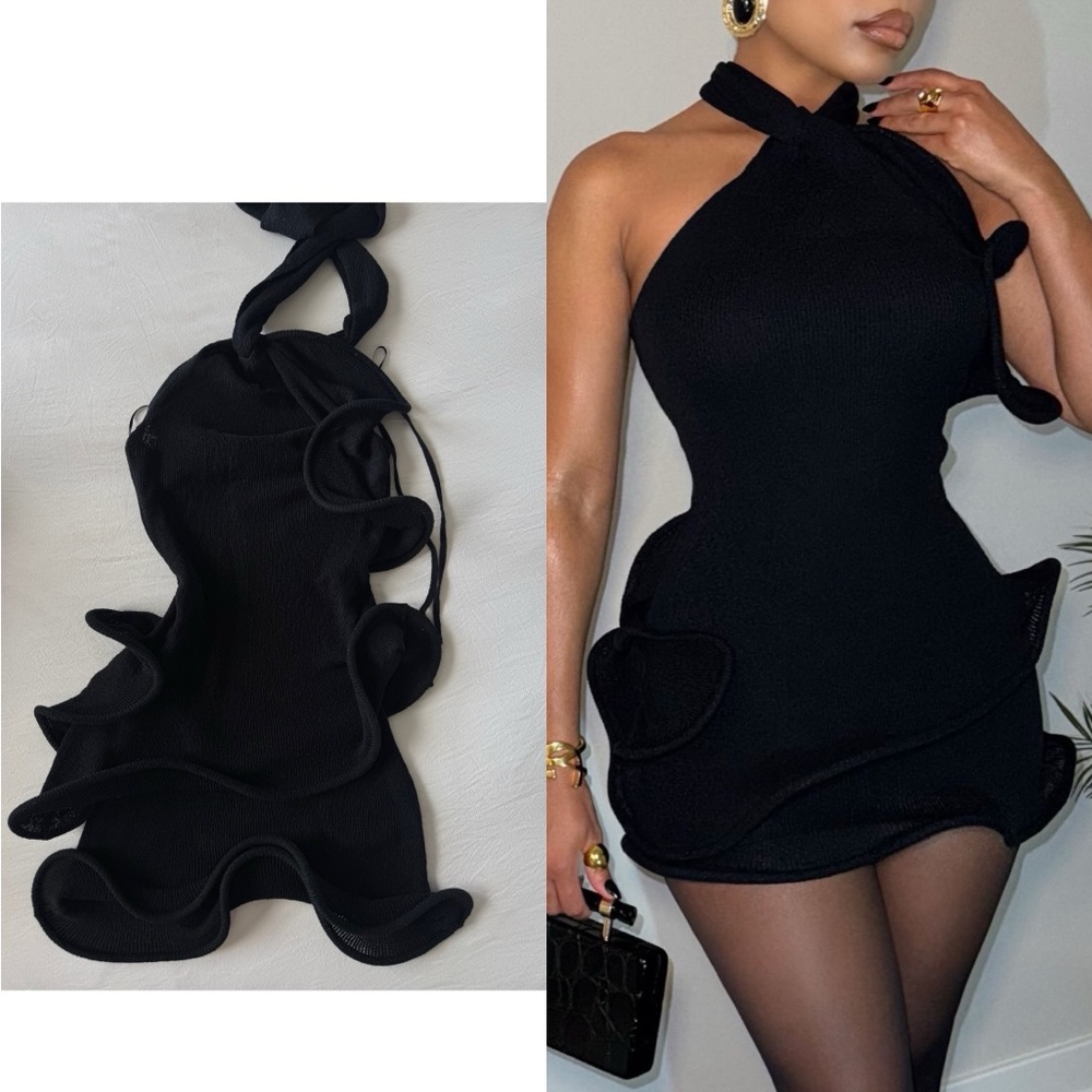 Black Ruffle Halter Mini Dress - Women